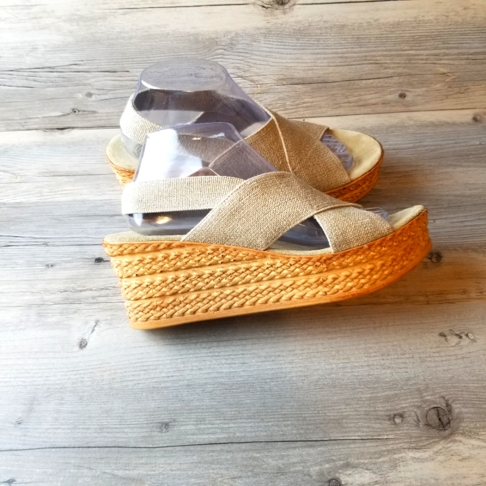 Charleston Shoe Co Stretch Linen Upper Cork-Like Wedge Heel Sandals
